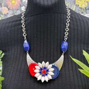 🌟Adorned Crown Jewelry assemblage red white blue flower button bib necklace